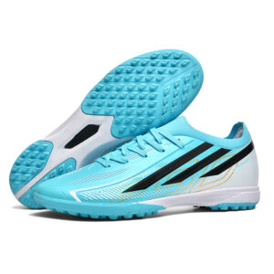 F50-Cyan-T cyan turf soccer shoes with black stripes – product view 1