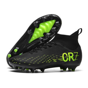 111-BLK-CR7 black and lime green soccer cleats with molded outsole on white background
