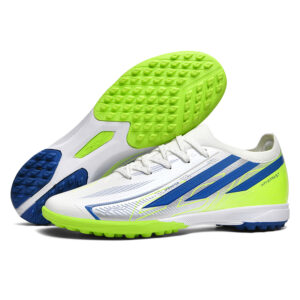2855-WHG-T white turf soccer shoes with blue stripes and lime textured outsole, product and sole view