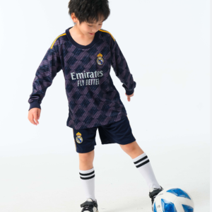 Real Madrid Navy Patterned long sleeve soccer jersey and shorts set, children’s fit photo