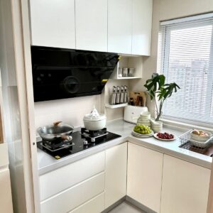 White Minimalist Corner Kitchen, kitchen cabinet design reference KC-006 for custom sourcing and wholesale enquiries