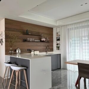 White and Wood Open Plan Island Kitchen, kitchen cabinet design reference KC-014 for custom sourcing and wholesale enquiries