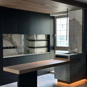 Dark Kitchen with Breakfast Counter, kitchen cabinet design reference KC-015 for custom sourcing and wholesale enquiries