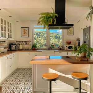 Warm White Kitchen with Breakfast Bar, kitchen cabinet design reference KC-019 for custom sourcing and wholesale enquiries