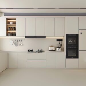 White Minimalist Kitchen with Integrated Tall Cabinets, design reference 1, model KC-029 for custom kitchen cabinet sourcing
